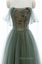 Gray Green Tulle Beaded Long Formal Prom Dresses, A-Line Evening Dresses