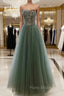 Gray Green Tulle Beaded Long Formal Prom Dresses, A-Line Evening Dresses