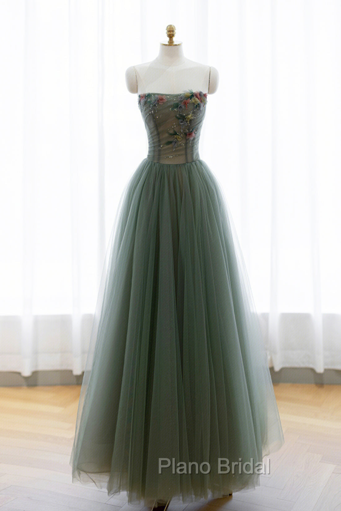 Gray Green Tulle Beaded Long Formal Prom Dresses, A-Line Evening Dresses