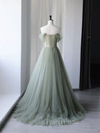 Gray Green Tulle Off Shoulder Long Formal Prom Dresses, Gray Green Formal Graduation Dresses