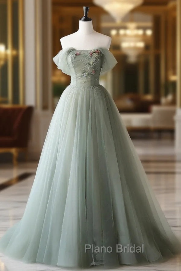 Gray Green Tulle Off Shoulder Long Formal Prom Dresses, Gray Green Formal Graduation Dresses Main image