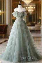 Gray Green Tulle Off Shoulder Long Formal Prom Dresses, Gray Green Formal Graduation Dresses