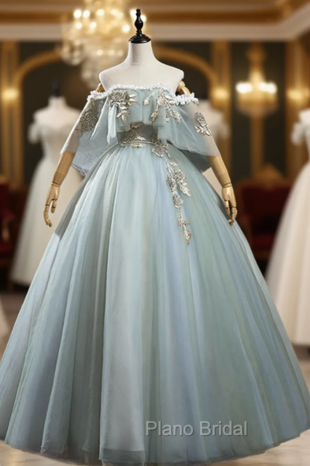 Gray Green Tulle Off the Shoulder Appliques Quinceanera Dresses Main image