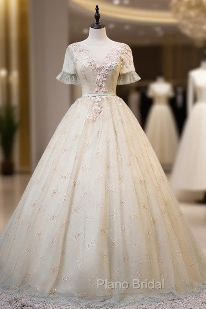 Gray Green Tulle Short Sleeve Appliques Beading Quinceanera Dresses Main image