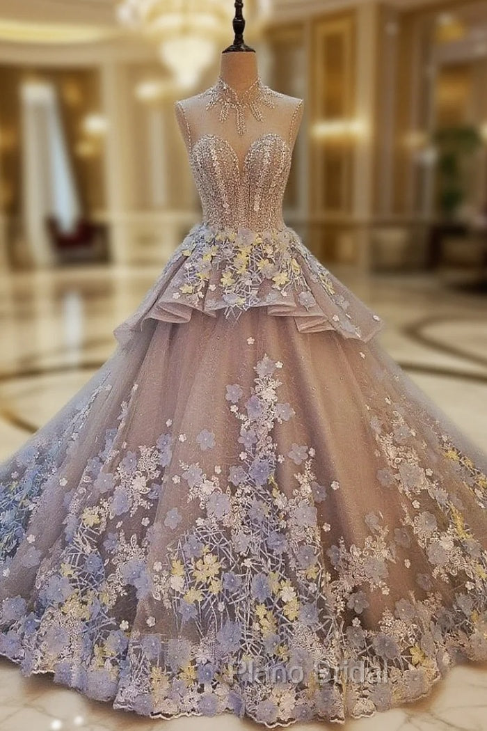 Gray High Neck Tulle Appliques Backless Wedding Dresses Main image