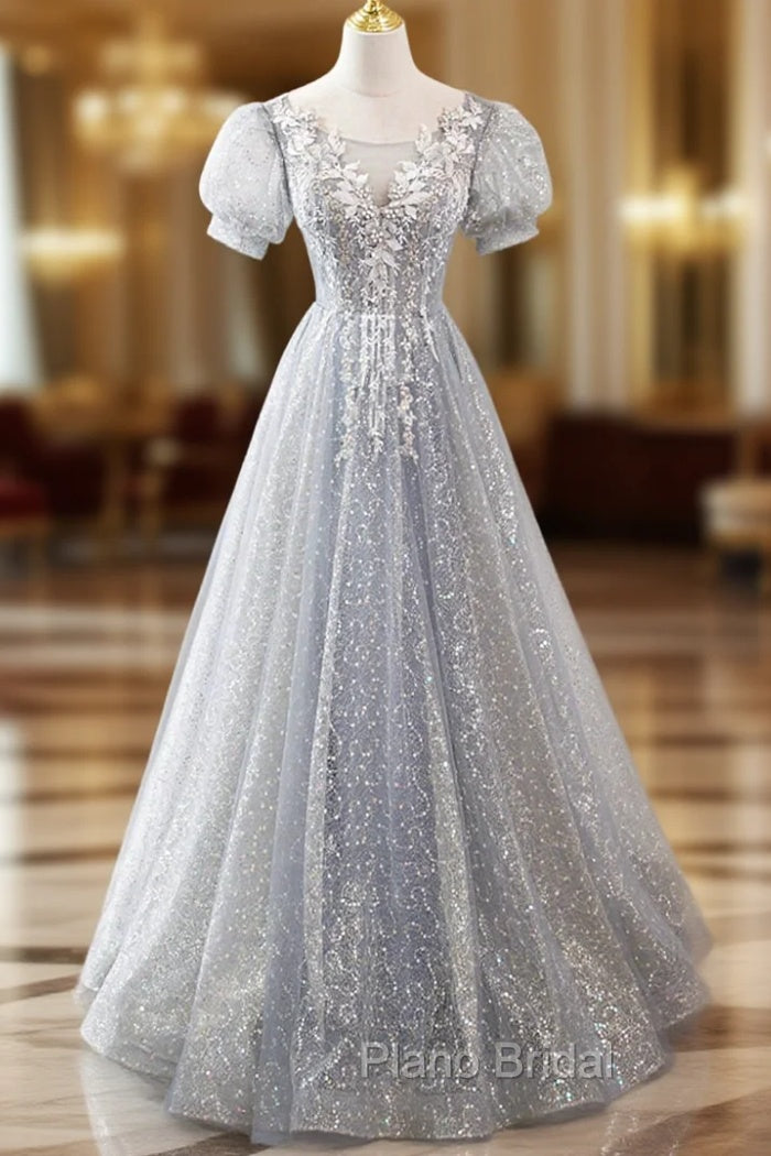 Gray Lace Long A-Line Formal Prom Dresses with Sequins, Cute Short Sleeve Evening Dresses