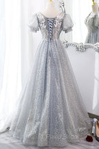 Gray Lace Long A-Line Formal Prom Dresses with Sequins, Cute Short Sleeve Evening Dresses