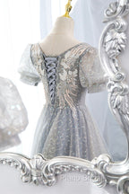 Gray Lace Long A-Line Formal Prom Dresses with Sequins, Cute Short Sleeve Evening Dresses