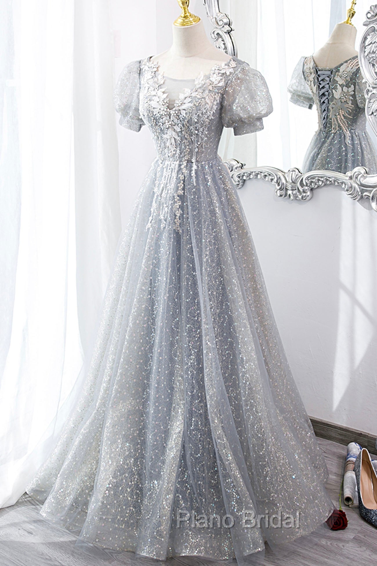 Gray Lace Long A-Line Formal Prom Dresses with Sequins, Cute Short Sleeve Evening Dresses