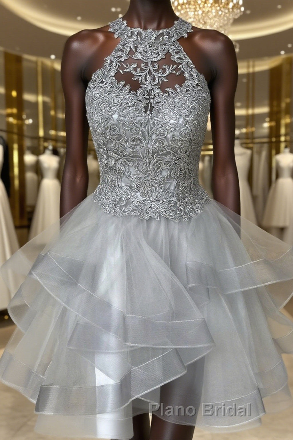 Gray Lace Short Formal Prom Dresses, Fluffy Gray Lace Homecoming Dresses, Gray Formal Evening Dresses