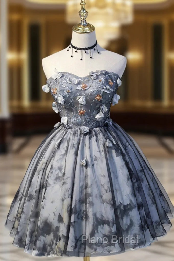 Gray Lace Strapless Short Formal Prom Dresses, A-Line Sweetheart Neckline Party Dresses