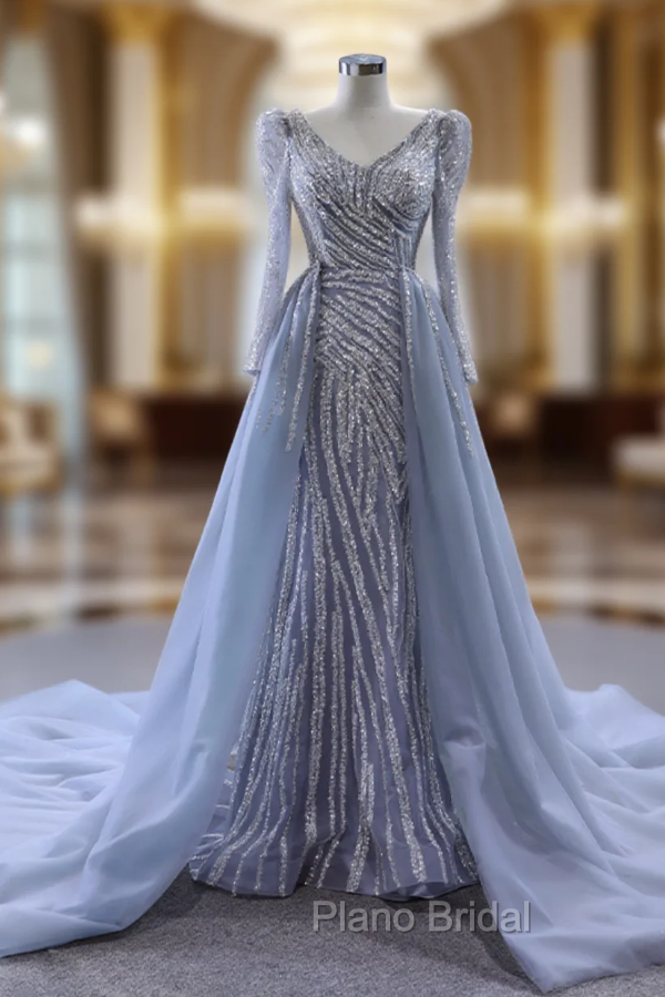 Gray Mermaid Long Sleeve Beading Formal Prom Dresses With Detachable Train Main image