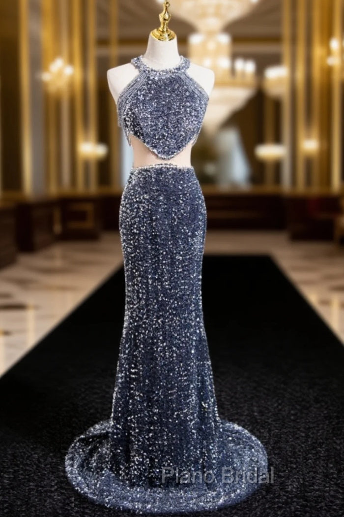 Gray Mermaid Sequins Halter Beading Formal Prom Dresses