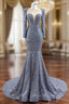 Gray Mermaid Sequins Pearls Long Sleeve Formal Prom Dresses