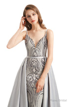 Mermaid Sequins Spaghetti Straps Prom Dresses With Detachable Train