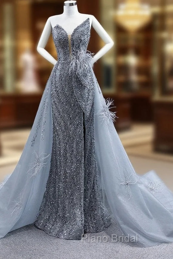 Gray Mermaid Sequins Strapless Pearls Feather Formal Prom Dresses Main image