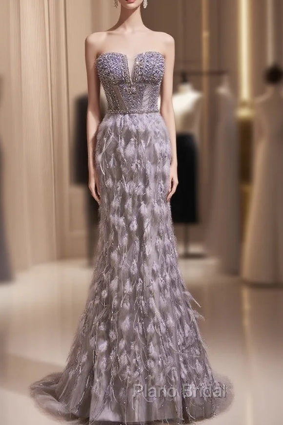 Gray Mermaid Strapless Feahther Beading Formal Prom Dresses Main image