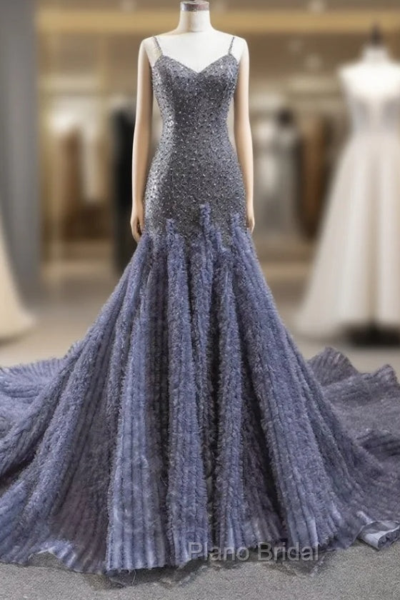 Gray Mermaid Tulle Sequins Spaghetti Straps Beading Formal Prom Dresses With Train