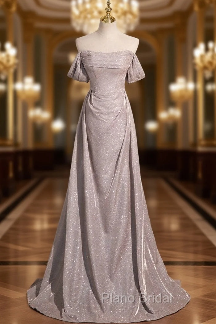 Gray Off the Shoulder Pleats Formal Prom Dresses Main image