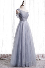 Gray One Shoulder Tulle Long Formal Prom Dresses Gray Tulle Evening Dresses