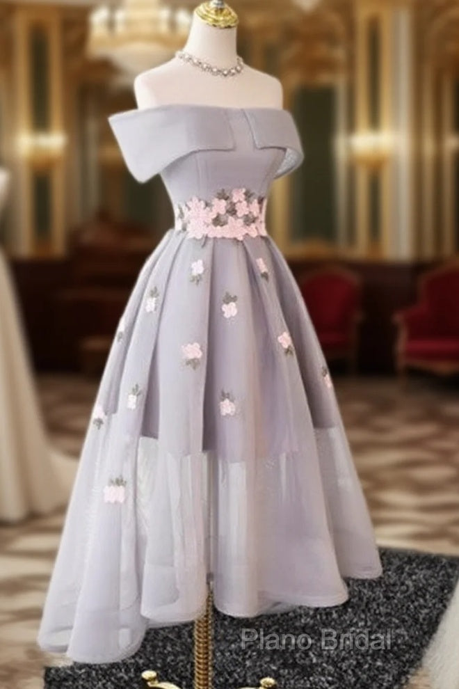 Gray Organza Hight-Low Formal Prom Dresses, Gray Bridesmaid Dresses Main image