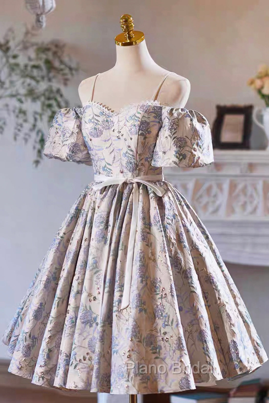 Gray Print Short Formal Prom Dresses Dresses, Lovely Spaghetti Strap Evening Party Dresses Secondary image
