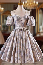 Gray Print Short Formal Prom Dresses Dresses, Lovely Spaghetti Strap Evening Party Dresses