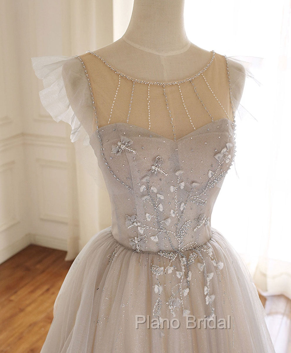 Gray Purple Round Neck Tulle Long Formal Prom Dresses, A line Formal Graduation Dresses Secondary image