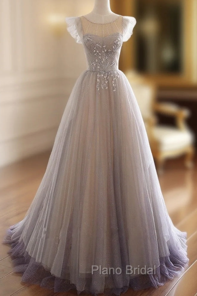 Gray Purple Round Neck Tulle Long Formal Prom Dresses, A line Formal Graduation Dresses Main image