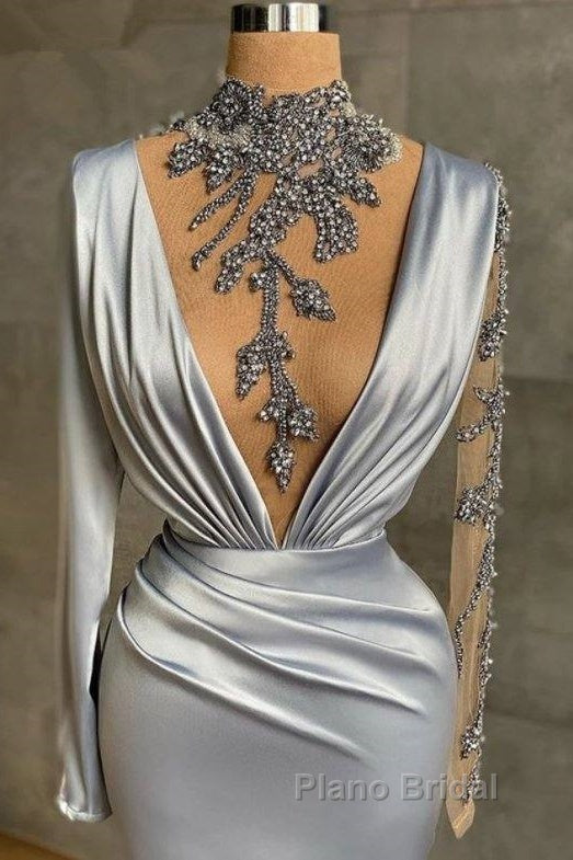 Gray Robe De Soiree Sheath Long Sleeves Beaded See Through Sexy Long Formal Prom Dresses Formal Prom Gown Evening Dresses Secondary image