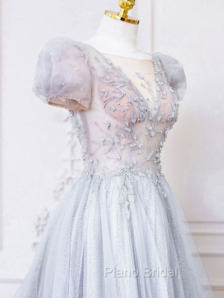 Gray Round Neck Tulle Lace Long Formal Prom Dresses, Gray Tulle Evening Dresses Secondary image