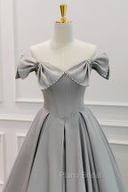 Gray Satin Floor Length Formal Dresses with Pearls, Cute A-Line Formal Prom Dresses