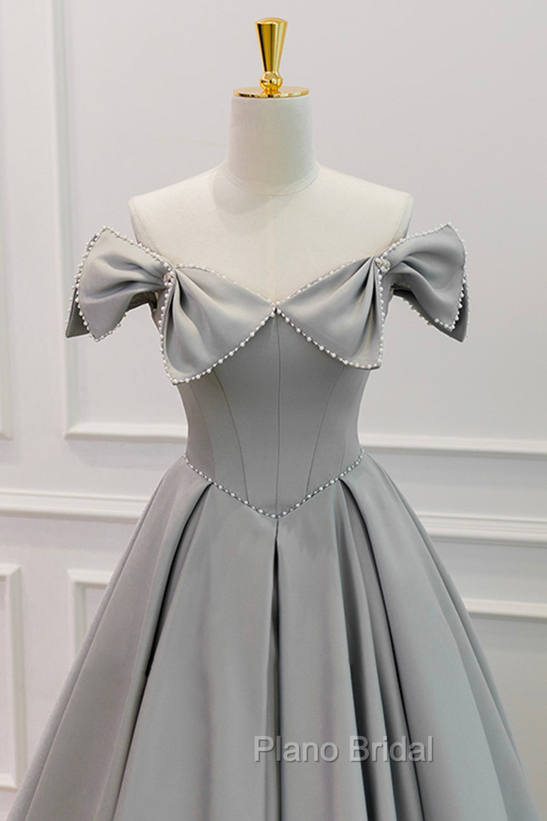 Gray Satin Floor Length Formal Dresses with Pearls, Cute A-Line Formal Prom Dresses