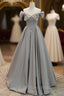 Gray Satin Floor Length Formal Dresses with Pearls, Cute A-Line Formal Prom Dresses