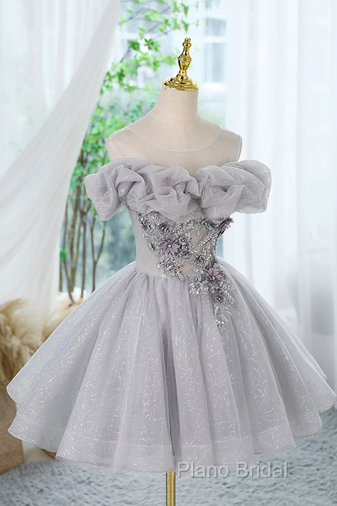 Gray Scoop Neckline Tulle Sequins Short Formal Prom Dresses, A-Line Off The Shoulder Formal Party Dresses