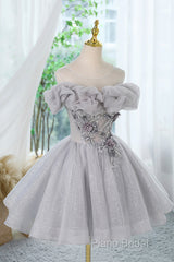 Gray Scoop Neckline Tulle Sequins Short Formal Prom Dresses, A-Line Off The Shoulder Formal Party Dresses