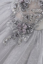 Gray Scoop Neckline Tulle Sequins Short Formal Prom Dresses, A-Line Off The Shoulder Formal Party Dresses