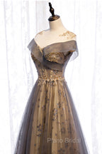 Gray Scoop Tulle Sequins Long Formal Prom Dresses, A-Line Evening Party Dresses