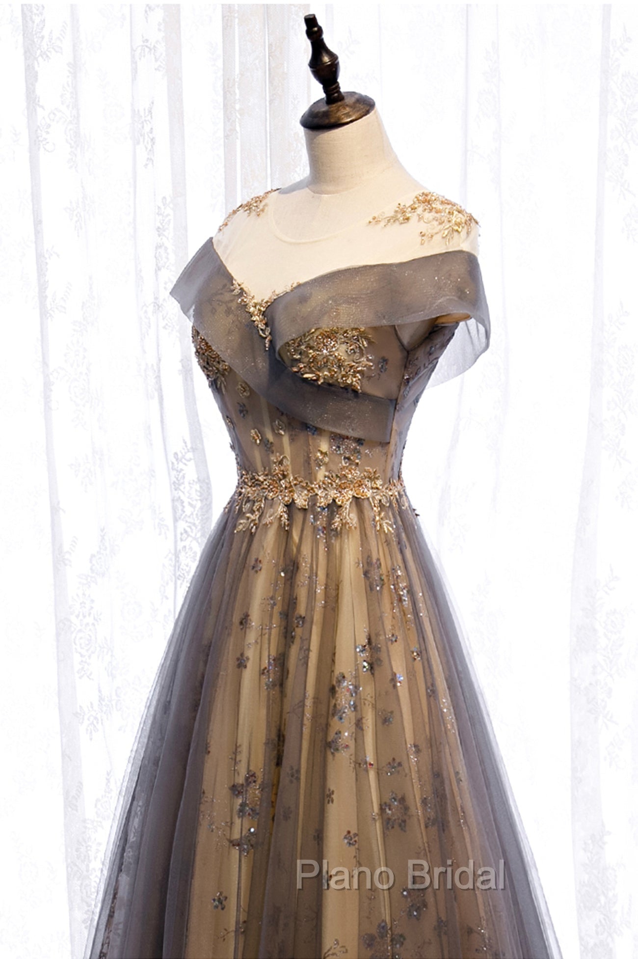 Gray Scoop Tulle Sequins Long Formal Prom Dresses, A-Line Evening Party Dresses