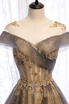 Gray Scoop Tulle Sequins Long Formal Prom Dresses, A-Line Evening Party Dresses