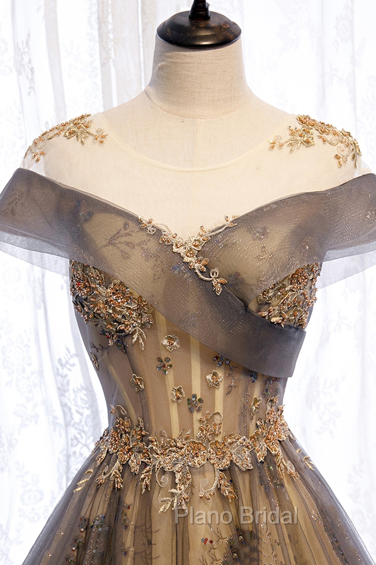 Gray Scoop Tulle Sequins Long Formal Prom Dresses, A-Line Evening Party Dresses