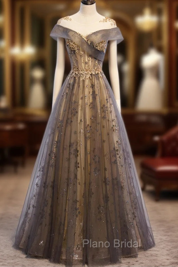 Gray Scoop Tulle Sequins Long Formal Prom Dresses, A-Line Evening Party Dresses Main image