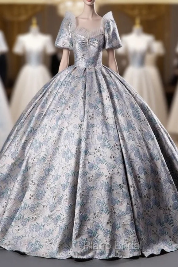 Gray Sequare Short Sleeve Embroidery Quinceanera Dresses