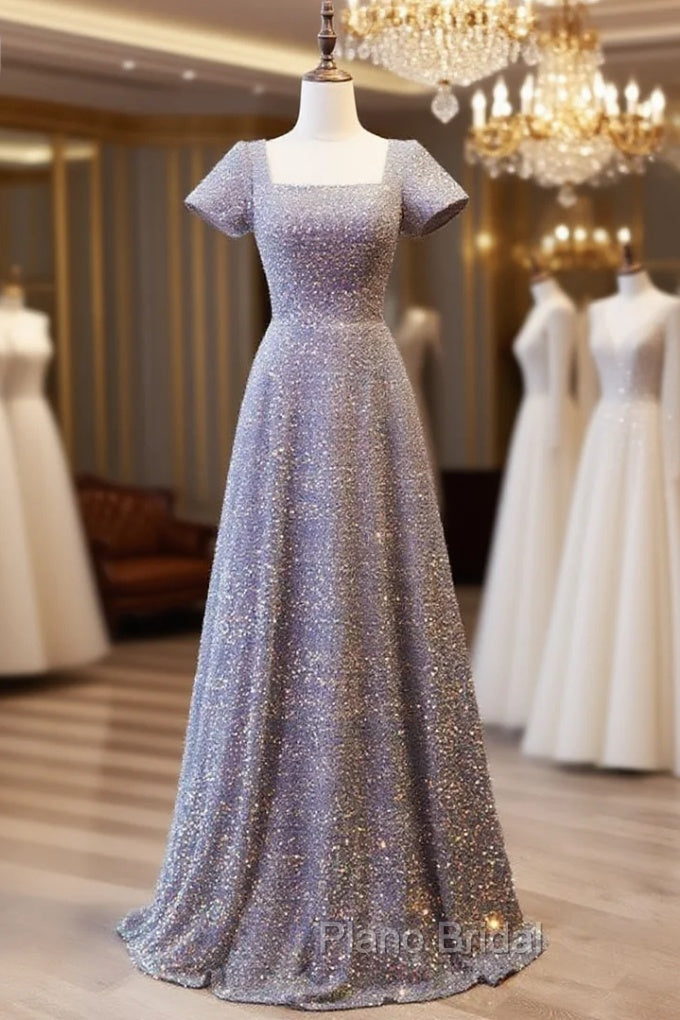Gray Sequins Square Short Sleeve Formal Prom Dresses Main image