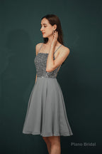 Short A-Line Strapless Beaded Chiffon Homecoming Dresses