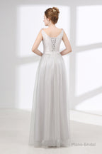 Gray Silver V Neck Tulle Prom Dresses