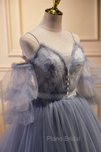 Gray Spaghetti Strap Lace Long Formal Prom Dresses, Off the Shoulder Evening Party Dresses