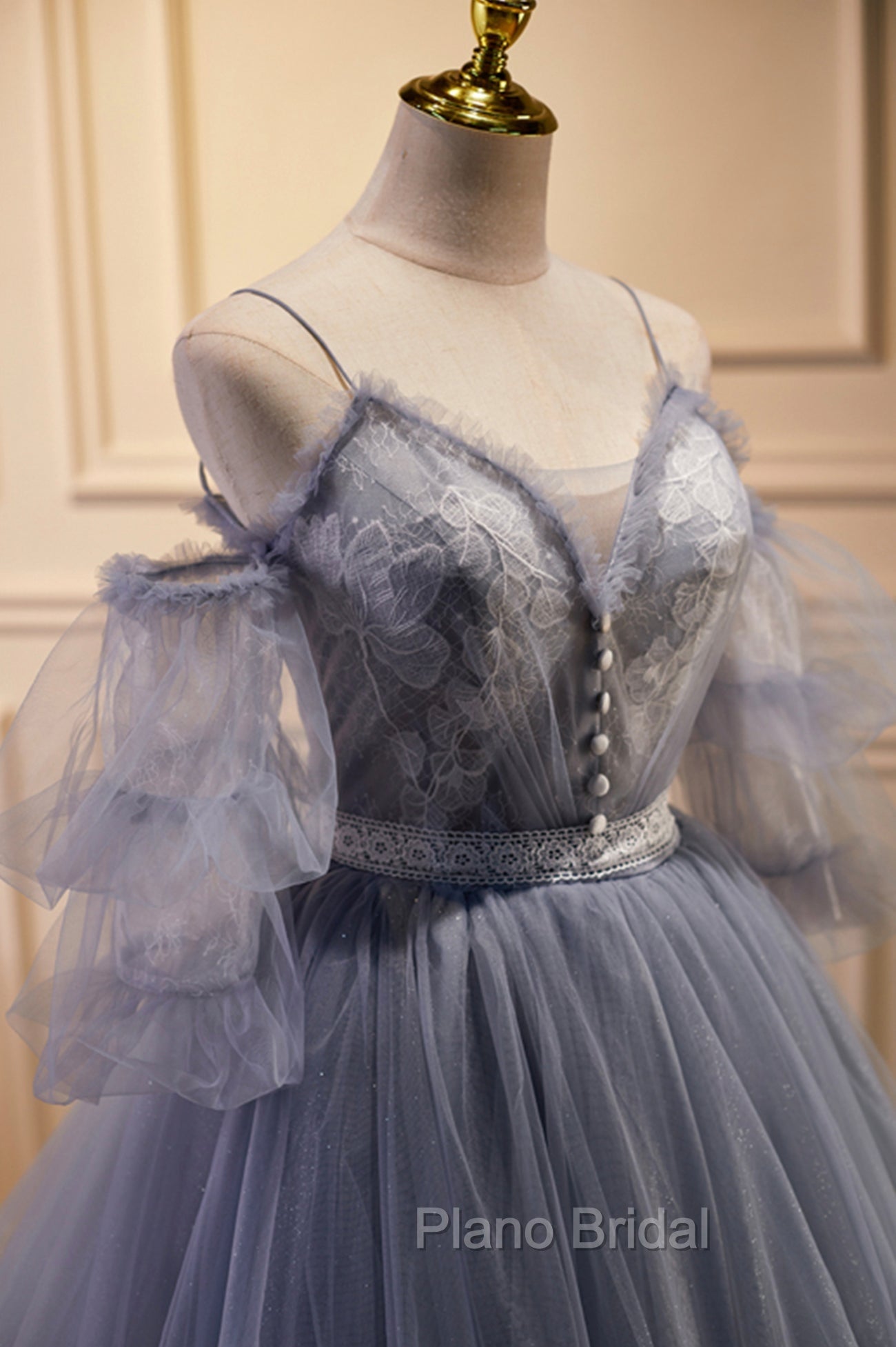 Gray Spaghetti Strap Lace Long Formal Prom Dresses, Off the Shoulder Evening Party Dresses