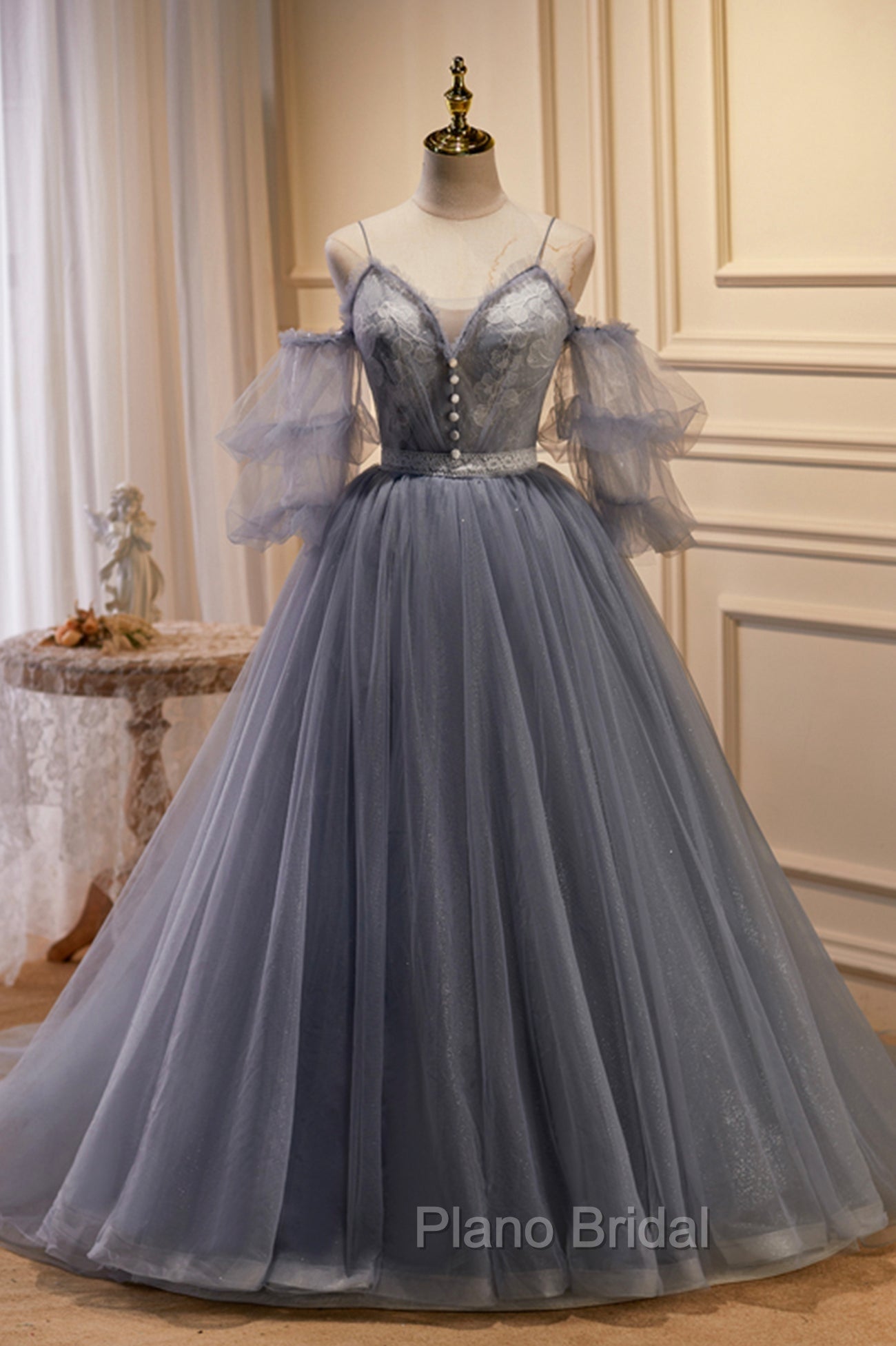 Gray Spaghetti Strap Lace Long Formal Prom Dresses, Off the Shoulder Evening Party Dresses