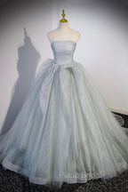 Gray Strapless Long Formal Dresses, Gray Tulle Evening Dresses Party Dresses